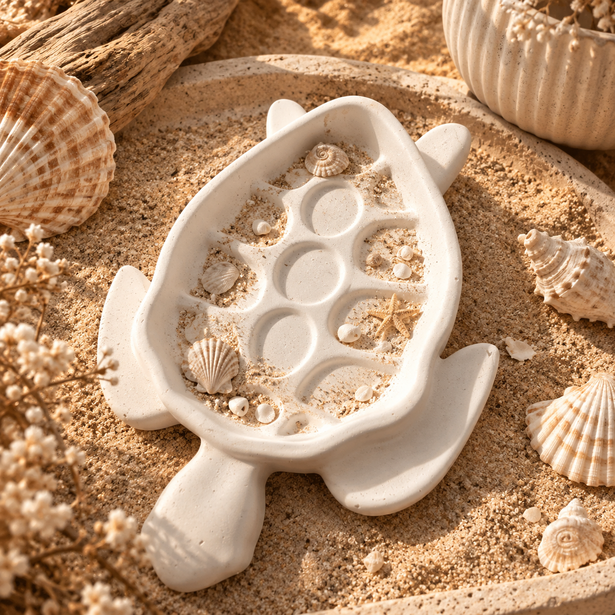 Plateau vide-poche en forme de tortue en jesmonite blanc avec relief de carapace