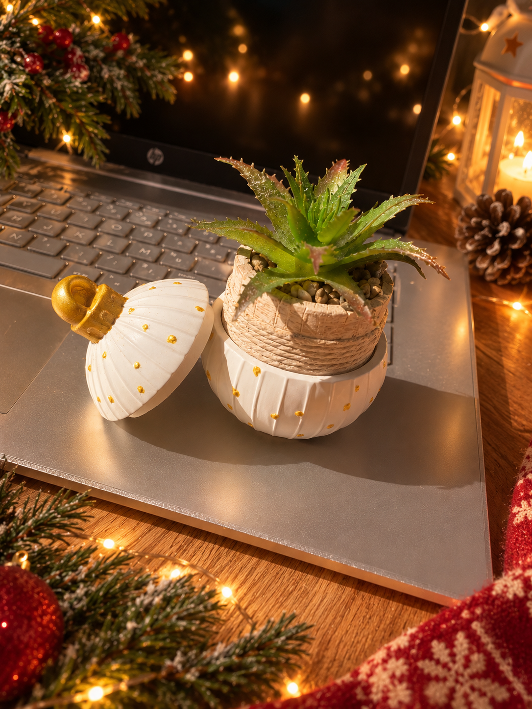 Boule de Noël en jesmonite blanc et or fermée