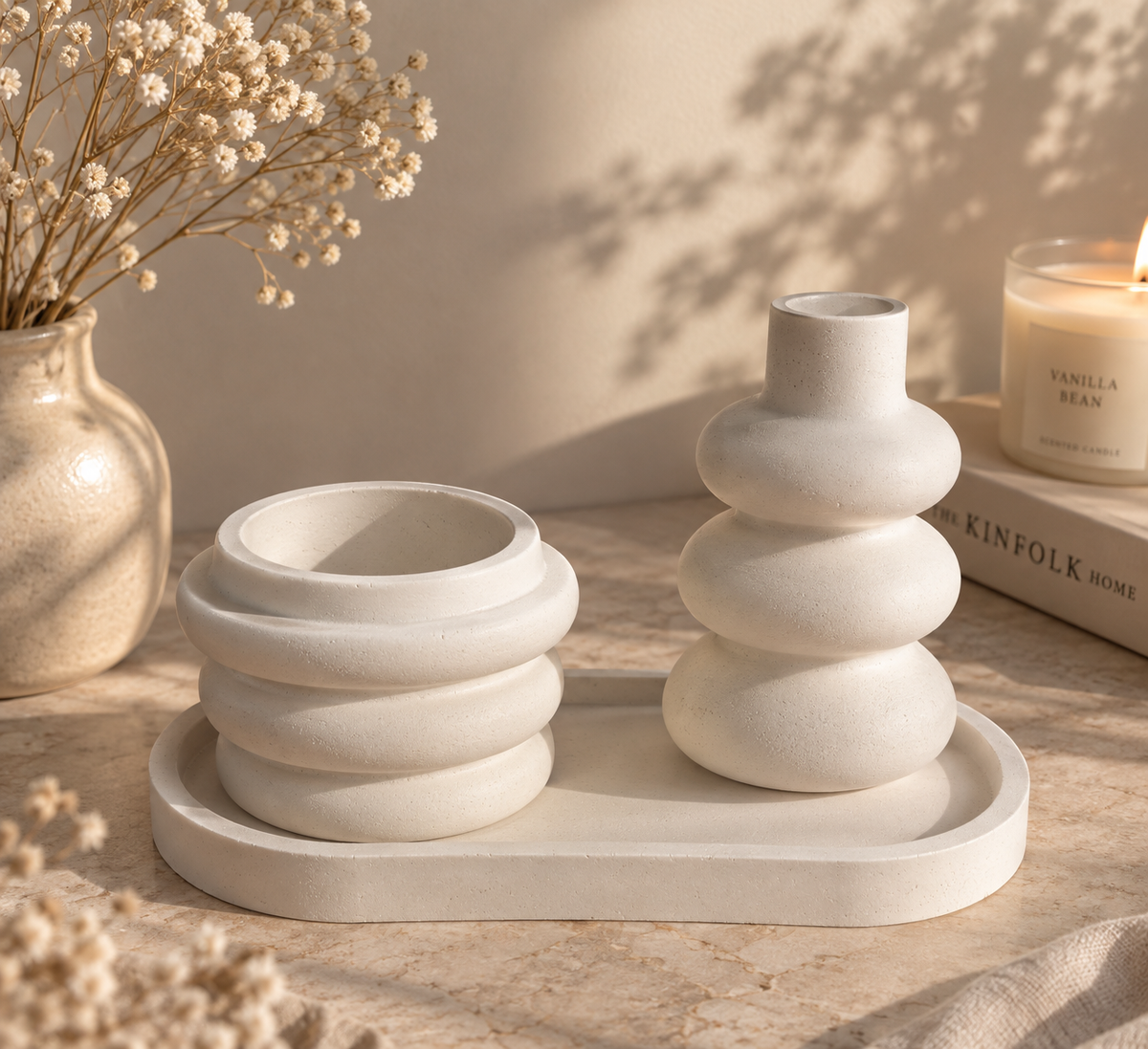 Trio décoratif jesmonite – plateau ovale, vase et vide-poche beige