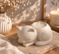 Bougeoir chat en jesmonite beige avec chauffe-plat