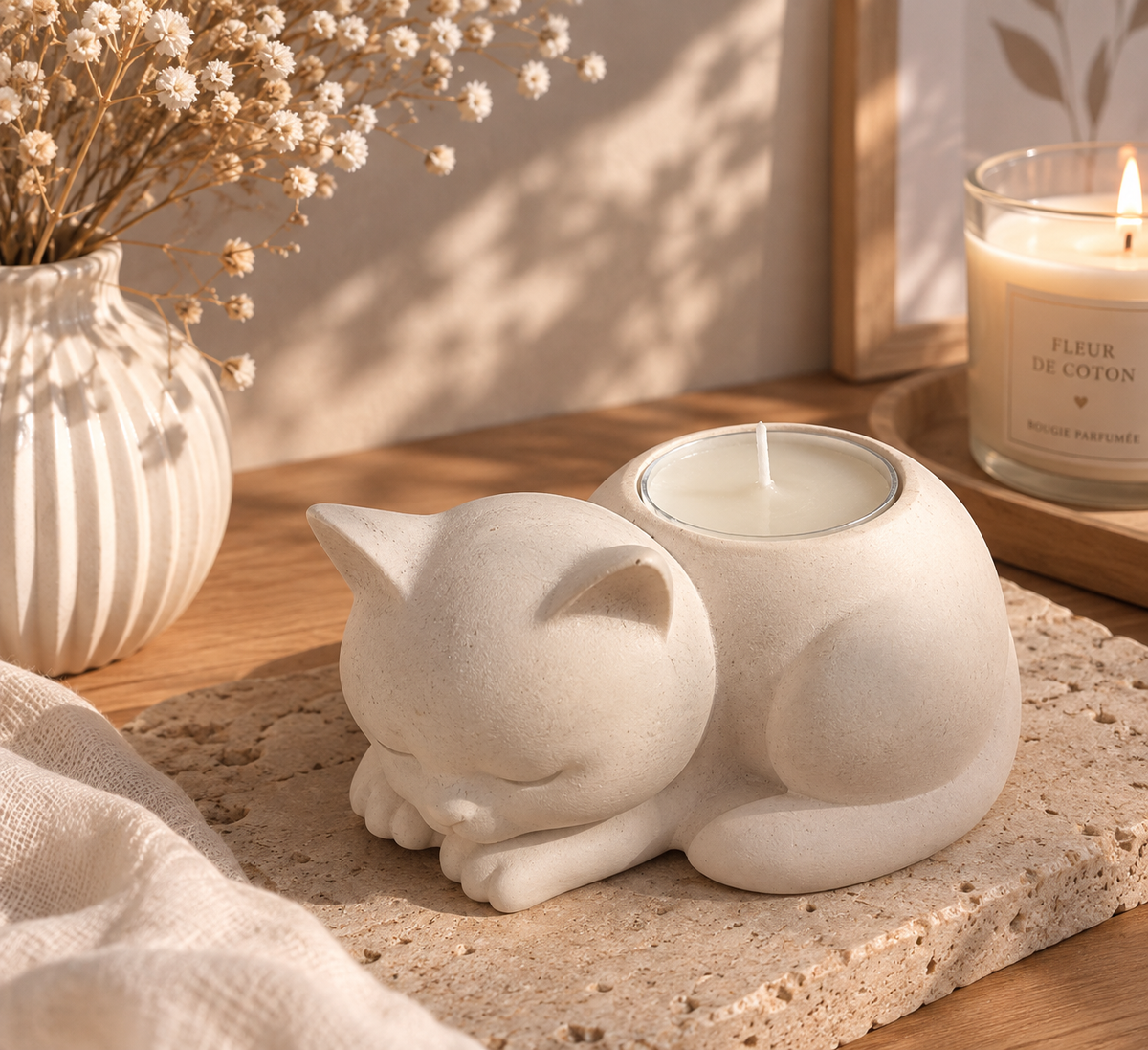 Bougeoir chat en jesmonite beige avec chauffe-plat