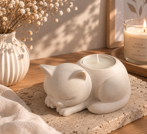 Bougeoir chat en jesmonite beige avec chauffe-plat