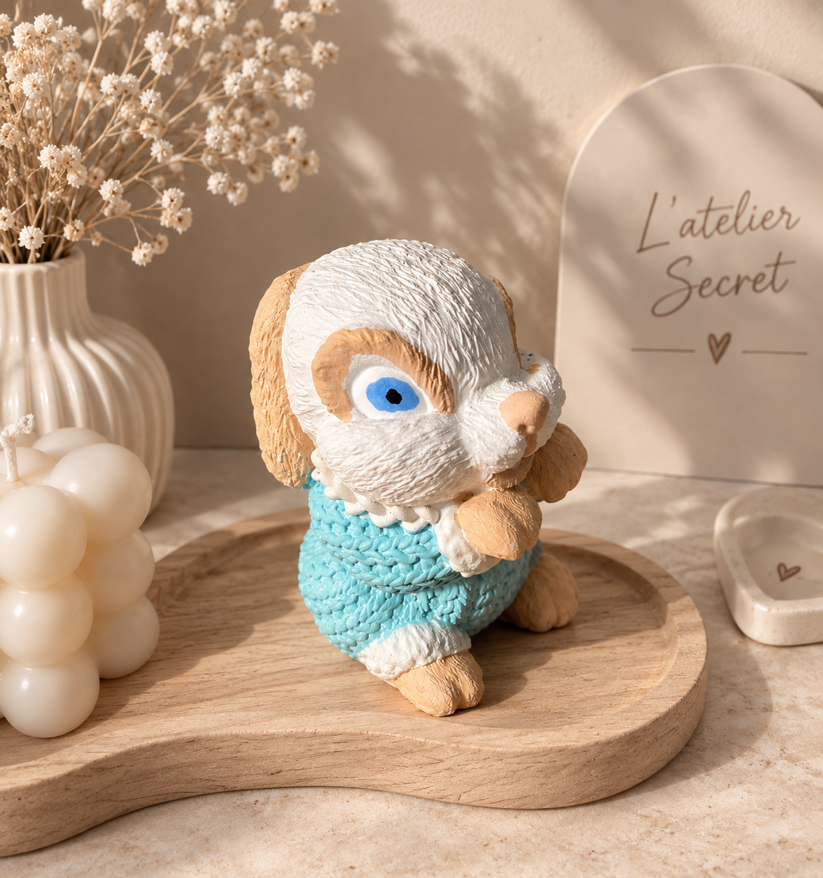 Figurine lapin en jesmonite avec pull turquoise et œil bleu